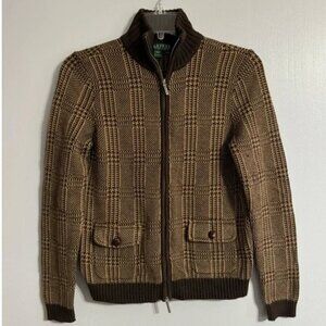 Lauren Ralph Lauren Brown Plaid Zip-Front Crewneck Sweater